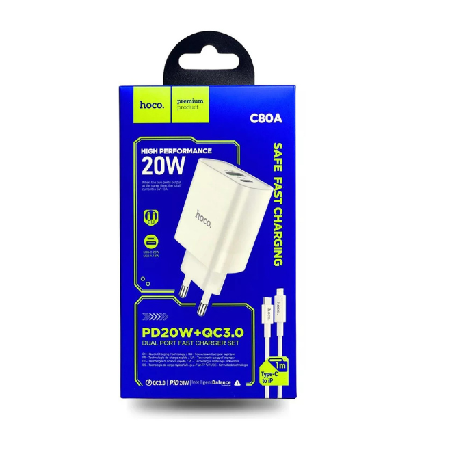 Cargador HOCO C80A 20W TIPO C - LIGHTING (SET COMPLETO)