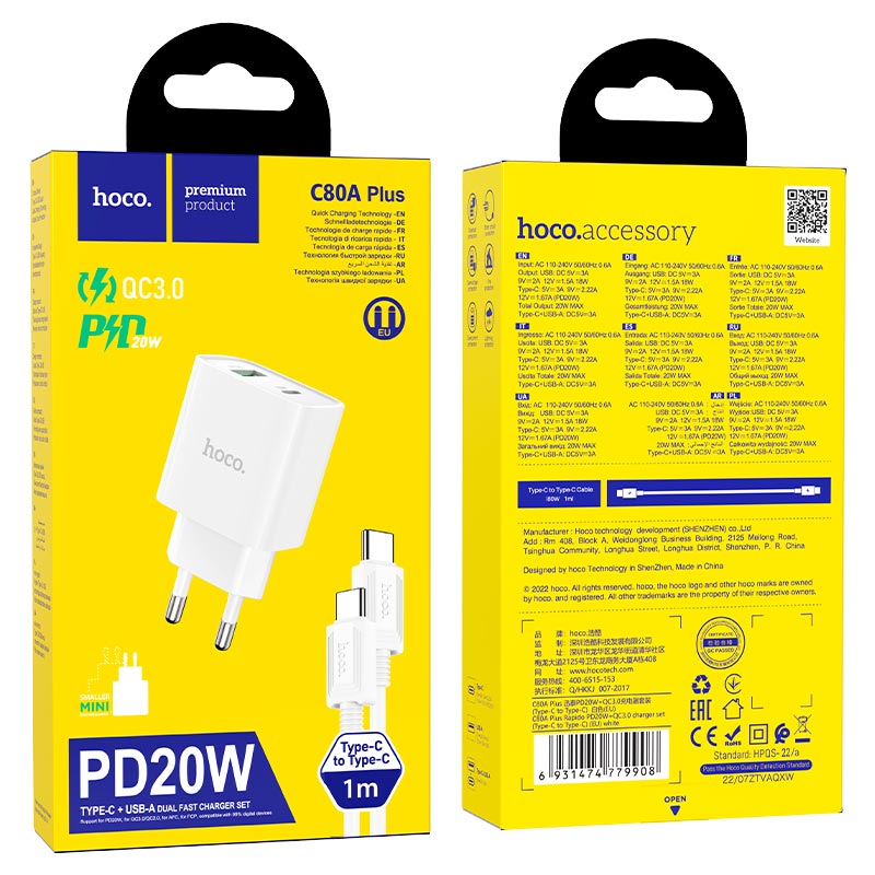 Cargador HOCO C80A PLUS 20W TIPO – C (SET COMPLETO)