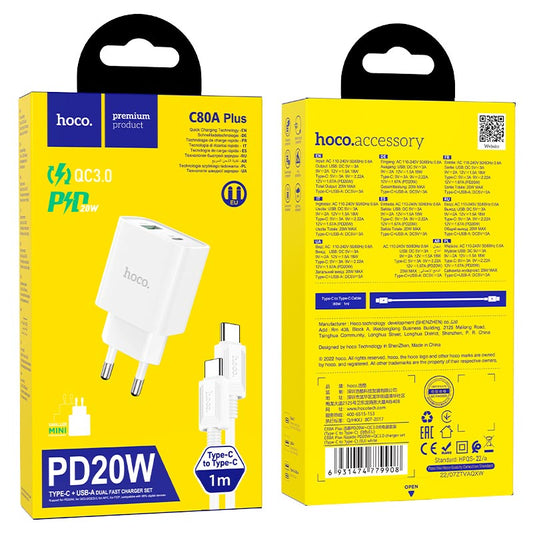 Cargador HOCO C80A PLUS 20W TIPO – C (SET COMPLETO)